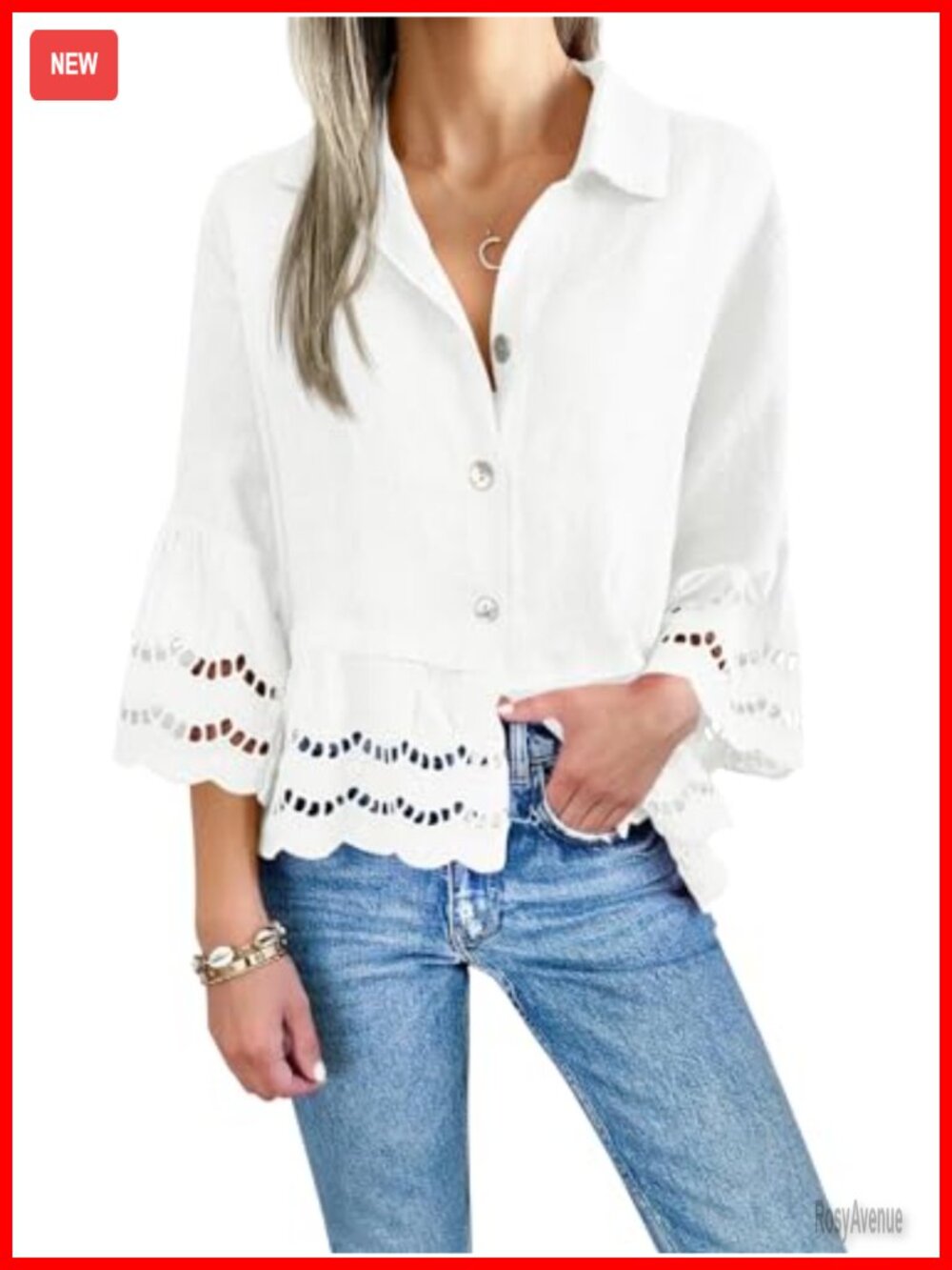 Women's 3/4 Bell Sleeve Button Down Blouse Loose Fit Ruffle Hem V-Neck Top